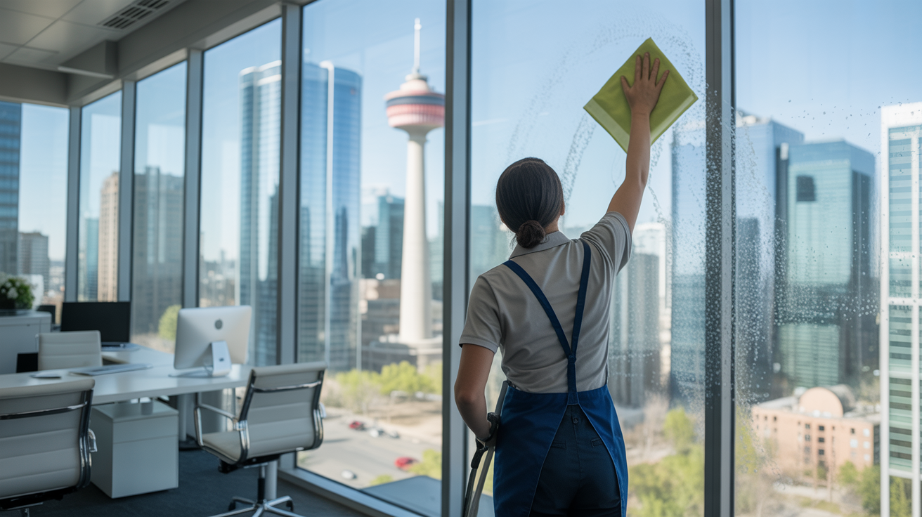 Calgary office tower cleaning with city view